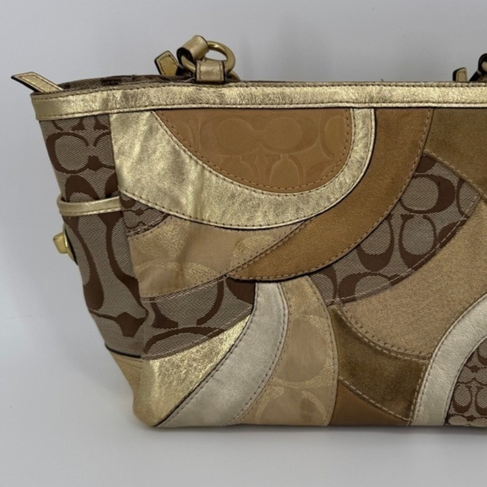 Coach Patchwork Signature Metallic Gold Brown Tote Shoulder Bag F14004 Boho Y2K - Picture 4 of 16